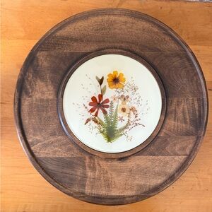 Vintage lazy Suzan wood with wildflowers entertaining